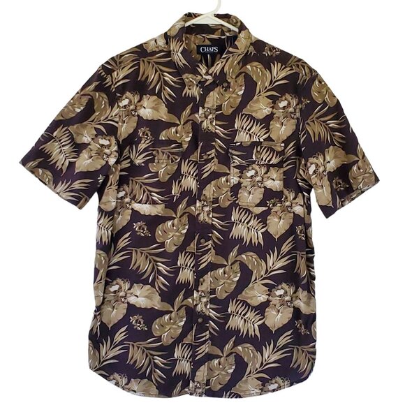 Chaps Shirt Men's M Hawaiian Tropical Brown Short Sleeve Button Down Pocket - Picture 1 of 9